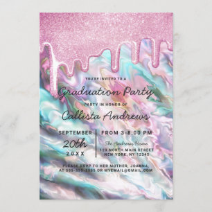 Roze Blauwgroen Pearl Opal Glitter Drips Afstudere Kaart