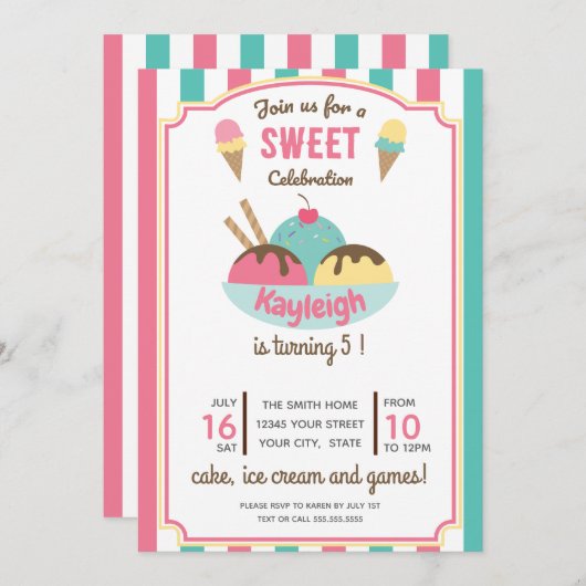 Roze Blauwgroen Retro Ice Cream Kind Birthday Part Kaart (Voorkant / Achterkant)