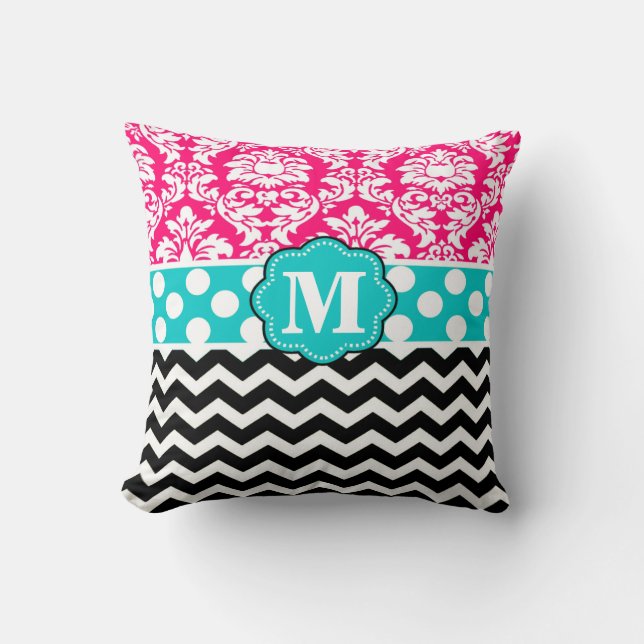 Roze blauwzwarte Damask Chevron Monogram Pillow Kussen (Voorkant)