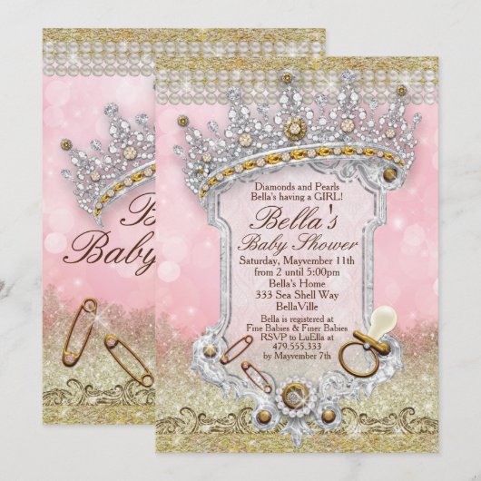 Roze Bling Glitter Baby Shower Uitnodigingen (Voorkant / Achterkant)