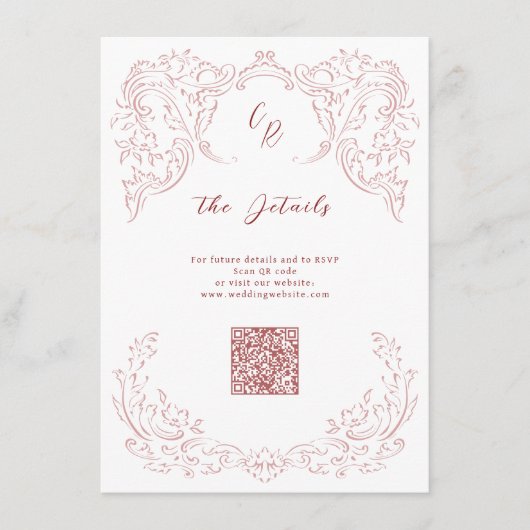 Roze Bloei Monogram Trouwdetails Informatiekaartje (Voorkant)
