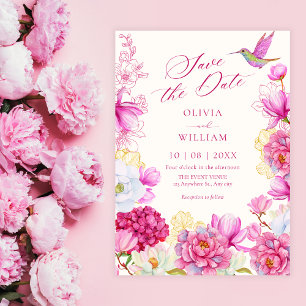 Roze bloeiende bloemen bruiloft save the date