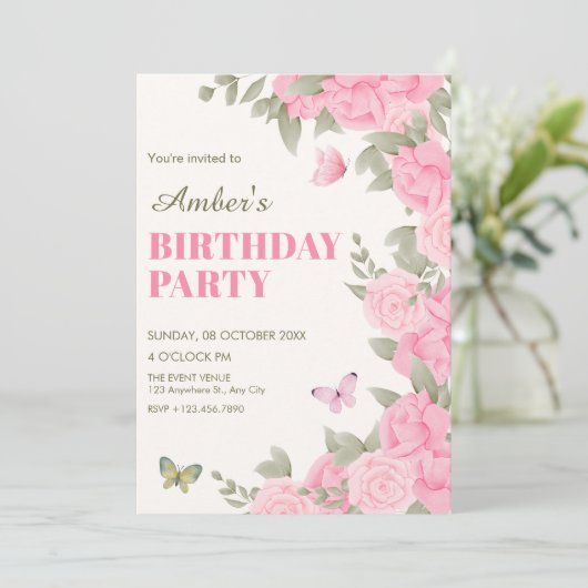 Roze bloeiende bloesem verjaardag kaart (Staand voorkant)