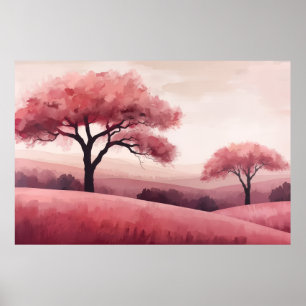 Roze Bloeiende Bomen Rollende Heuvels Landschap Poster