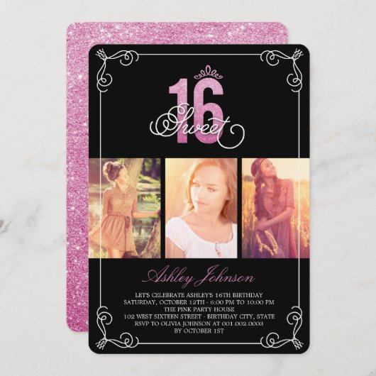 Roze Bloeiende Glam Sweet 16 Foto Verjaardagsfeest Kaart (Voorkant / Achterkant)