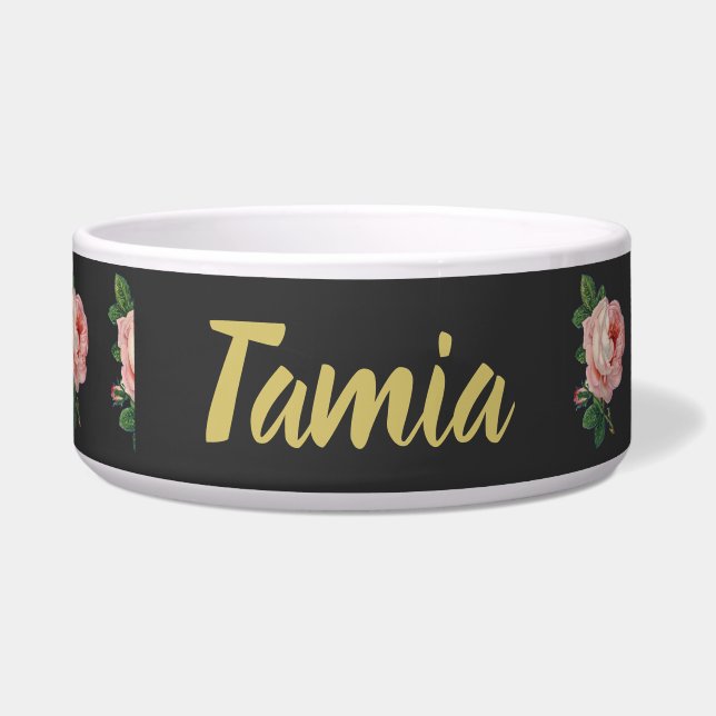 Roze bloem, aangepaste naam grijs voerbakje (Voorkant)