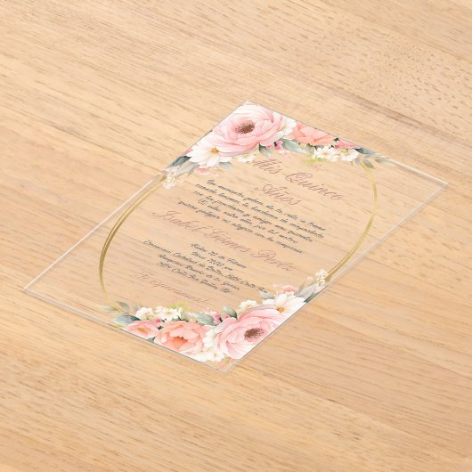 Roze bloem acryl Quinceanera uitnodiging Acryl Uitnodigingen (Laagn)