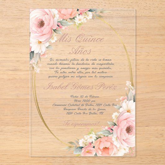 Roze bloem acryl Quinceanera uitnodiging Acryl Uitnodigingen (Voorkant)