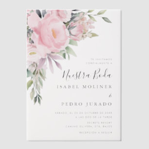 Roze Bloem Boeket Nuestra Boda Spaanse Bruiloft Vellum Uitnodigingen