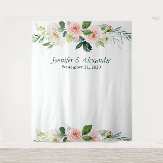 Roze Bloem Boho Bruiloftsfotocabine Achtergrond Wandkleed (Voorkant)