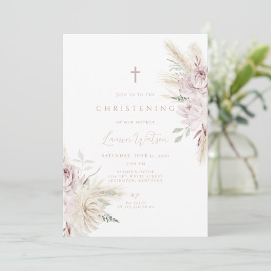 Roze bloem boho doop kaart (Staand voorkant)