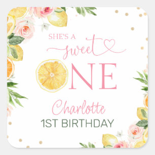 Roze Bloem Citrus Zoete Eén 1e Verjaardagsfeestje Vierkante Sticker