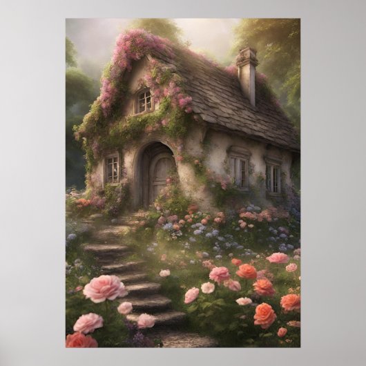 Roze Bloem Cottage Poster (Voorkant)