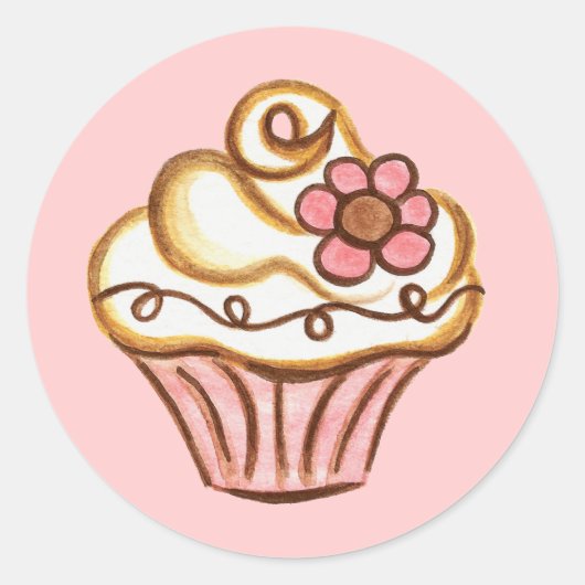 Roze Bloem Cupcake Sticker (Voorkant)