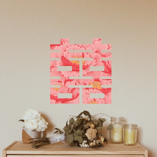Roze Bloem Dubbele Xi Chinese Bruiloft Raamsticker