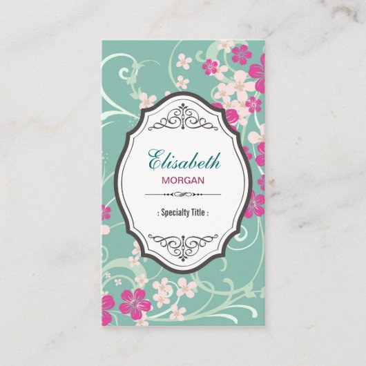  roze bloem Elegant groene wervelkolom Visitekaartje (Voorkant)
