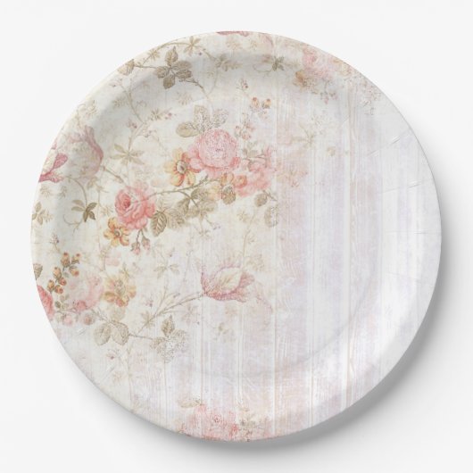 Roze bloem- en houten shabby chic papieren bord (Voorkant)