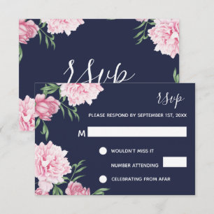 Roze bloem en marineblauwe achtergrond RSVP Kaart