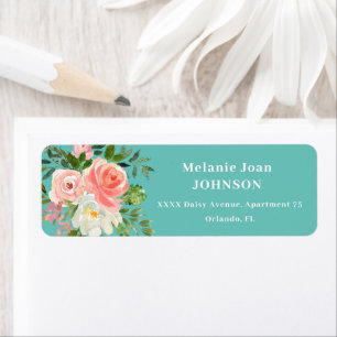 Roze bloem en turquoise retouradres etiket