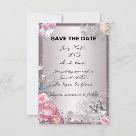 Roze Bloem- en Vlinder Save The Date Kaart (Voorkant)