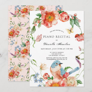Roze bloem- en vogelpianorecital wit kaart