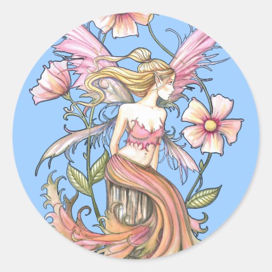 Roze Bloem Fee Kunst Ronde Sticker (Voorkant)