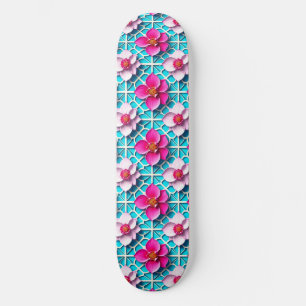 🌸 Roze Bloem Geo Blauwe Moderne Kunst Skate Stijl Skateboard