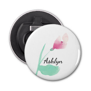 Roze bloem gepersonaliseerde naam button flesopener