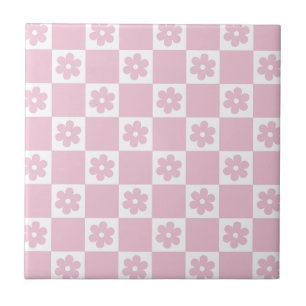 Roze bloem geruit patroon tegeltje