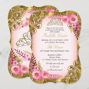 Roze Bloem Goud Witte Parel Tiara Verjaardagsfeest Kaart