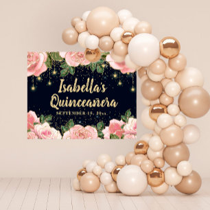 Roze bloem gouden glitter sterren Zwart Quinceañer Poster