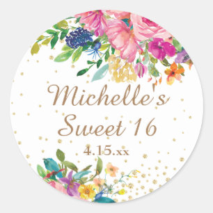 Roze bloem gouden glitter Sweet 16 verjaardagsnaam Ronde Sticker