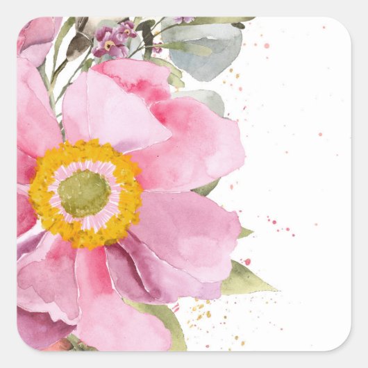 Roze bloem in waterverf vierkante sticker (Voorkant)
