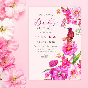 Roze bloem kunst kolibrie baby shower kaart