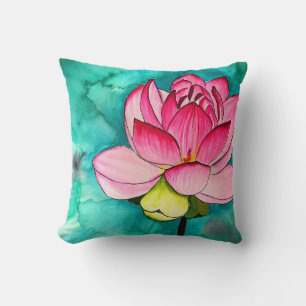 Roze bloem lotus fijnkunst aquarel kussen