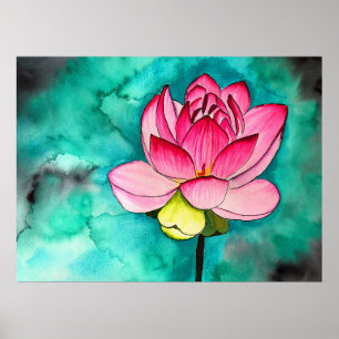 Roze bloem lotus fijnkunst aquarel poster