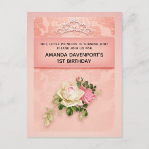 Roze bloem met Diamond Tiara Princess Birthday Uitnodiging Briefkaart