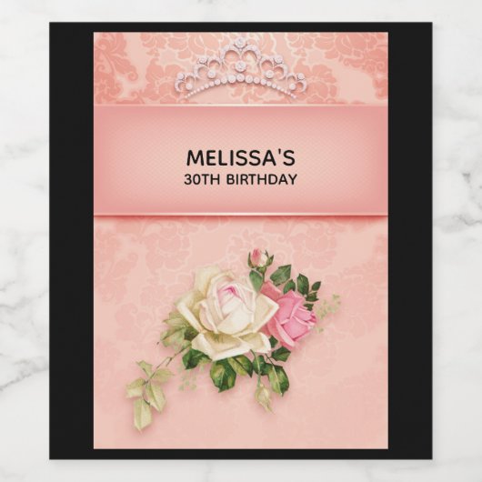 Roze bloem met Diamond Tiara Princess Design Wijn Etiket (Enkel label)
