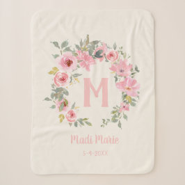 Roze bloem met saliegroene bladeren monogram voor  sherpa deken
