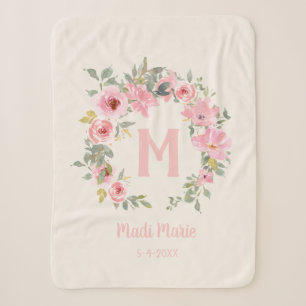 Roze bloem met saliegroene bladeren monogram voor sherpa deken