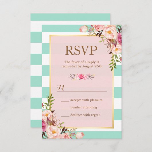 Roze bloem mintgroene witte strepen RSVP (Voorkant / Achterkant)