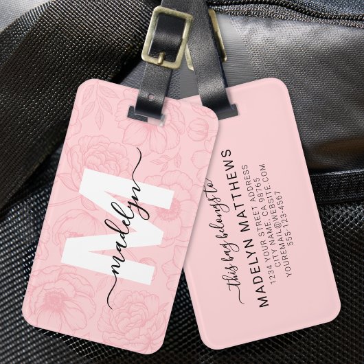 Roze Bloem Monogram Bagagelabel
