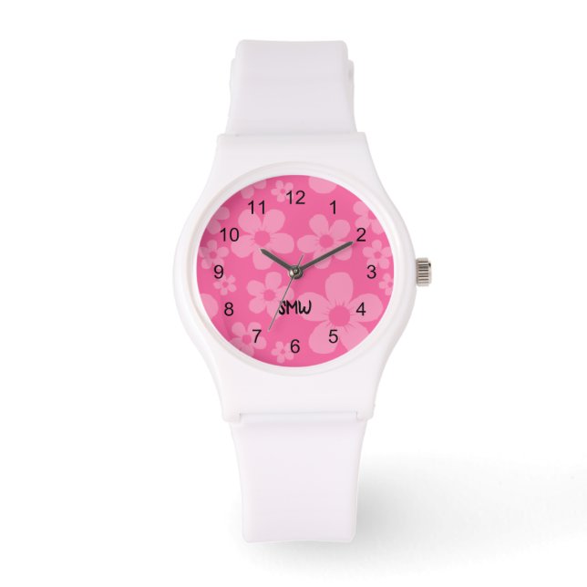 Roze bloem Monogram Horloge (Voorkant)
