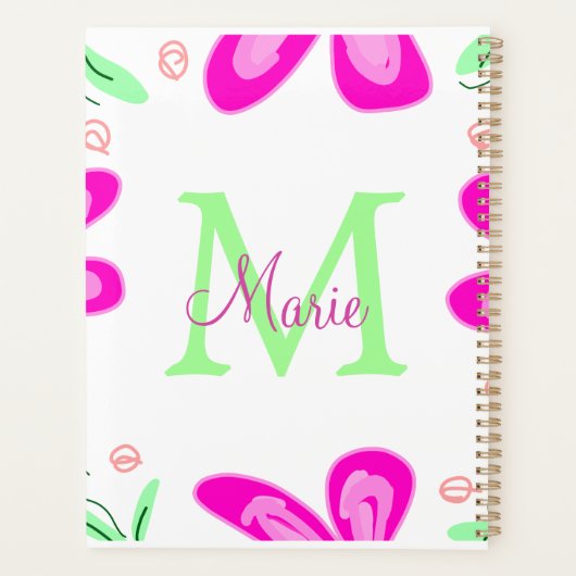 Roze bloem monogram naam toevoegen letter groen bl planner (Achterkant)