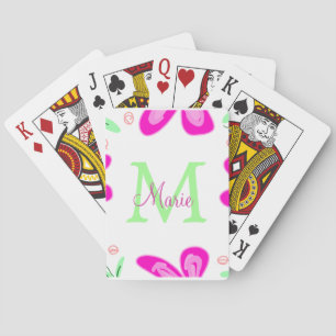 Roze bloem monogram naam toevoegen letter groen bl pokerkaarten