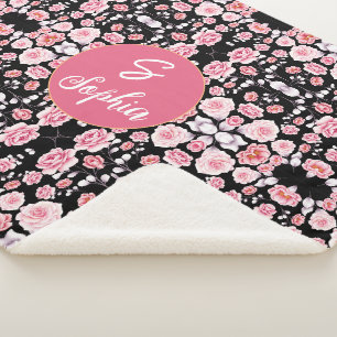 roze bloem patroon Aangepast monogram Sherpa Deken