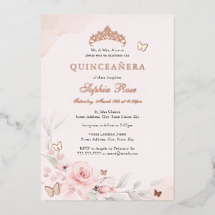 Roze Bloem Roos Vlinder Quinceanera 15e Folie Uitnodiging