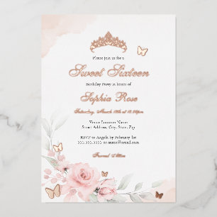 Roze Bloem Roos Vlinder Sweet Sixteen Folie Uitnodiging