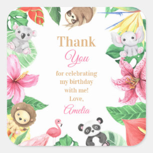 Roze Bloem Safari Dieren Verjaardag Bedankt Vierkante Sticker