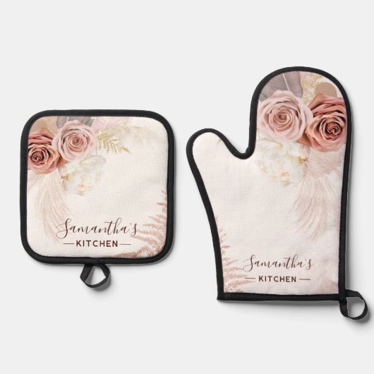 Roze Bloem Script Terracotta gepersonaliseerd Ovenwant & Pannenlap Set (Voorkant)